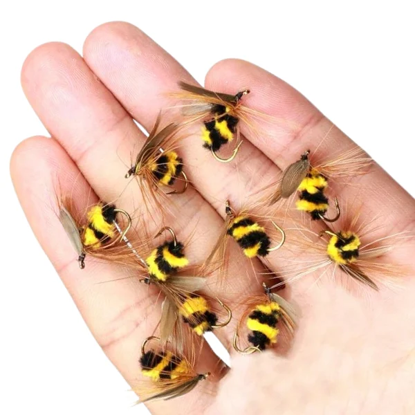 Suckerme Bee Fishing Flies Held in a Hand